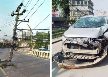 ललितपुरमा राति कार दुर्घटना, बिजुलीको पोल भाँचिँदा सडक अवरुद्ध