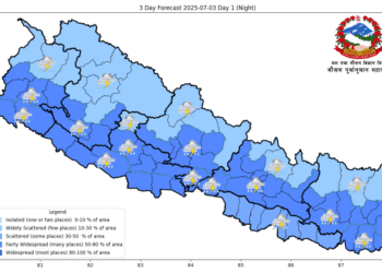 कोशी, वाग्मती, गण्डकी र लुम्बिनी प्रदेशका एकदुई स्थानमा भारी वर्षा हुने पूर्वानुमान