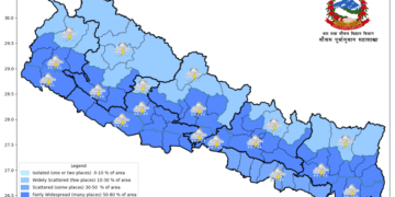 कोशी, वाग्मती, गण्डकी र लुम्बिनी प्रदेशका एकदुई स्थानमा भारी वर्षा हुने पूर्वानुमान