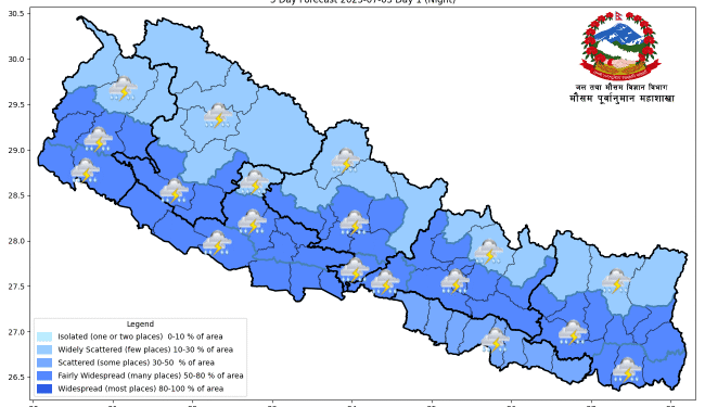 कोशी, वाग्मती, गण्डकी र लुम्बिनी प्रदेशका एकदुई स्थानमा भारी वर्षा हुने पूर्वानुमान