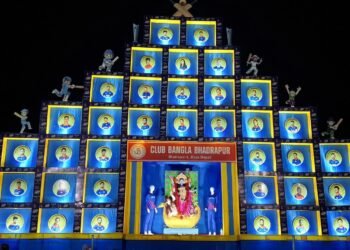 नेपाली क्रिकेट खेलाडीको तस्बिर राखेर कालीपूजा पण्डाल