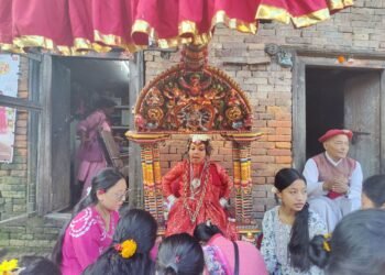 तलेजुमा सर्वसाधारणद्वारा कुमारीको हातबाट टीका ग्रहण, तलेजुलाई देवगृह भित्र्याइयो